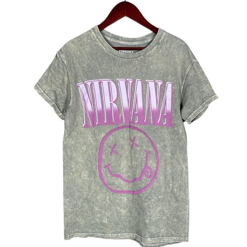 Nirvana T-Shirt Womens Gray Small Crew Neck SS 90’s Rock Grunge Y2K Smiley Face